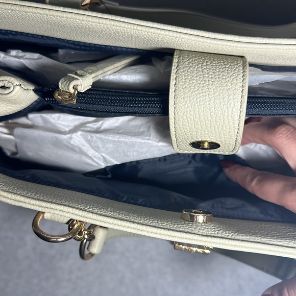 Tommy Hilfiger Taupe Navy Leather Satchel Tote Bag - Picture 5 of 11
